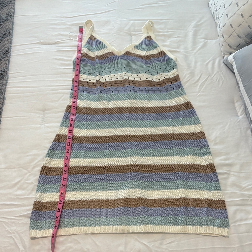 Ultra Flirt Striped Asymmetrical Dress in Blue, Brown, and Cream